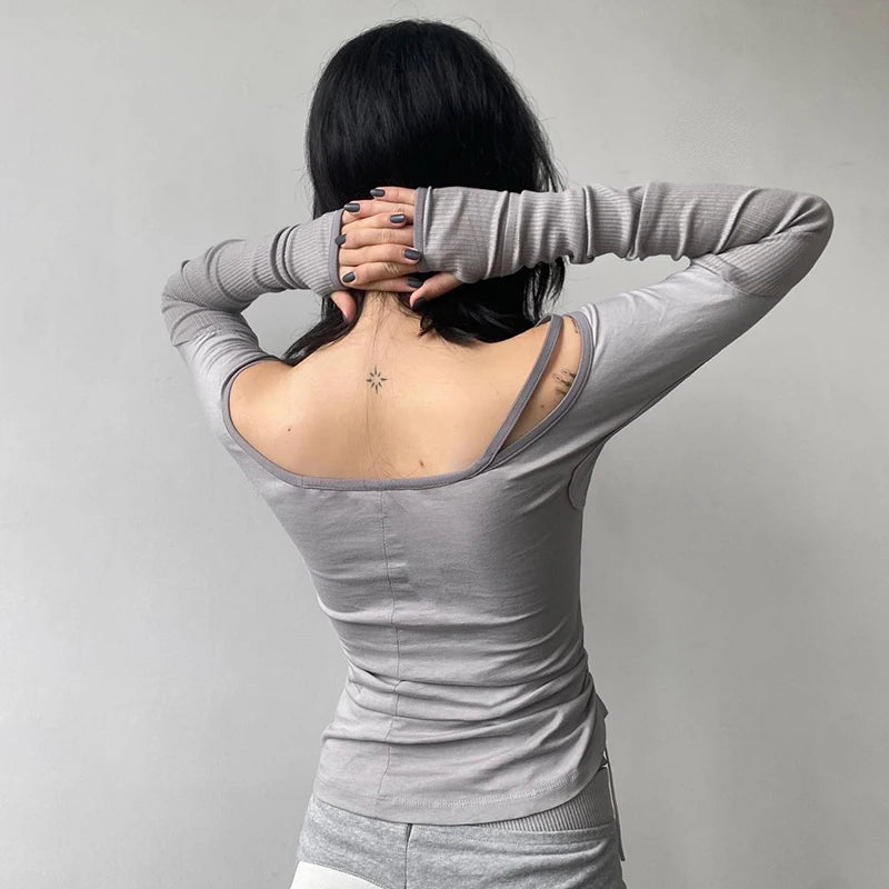 Rapcopter Solid Patchwork Crop Top Bandage Asymmetrical T Shirt Women Full Skeeve Korean Harajuku Tee Casual Stylish Autumn 90s