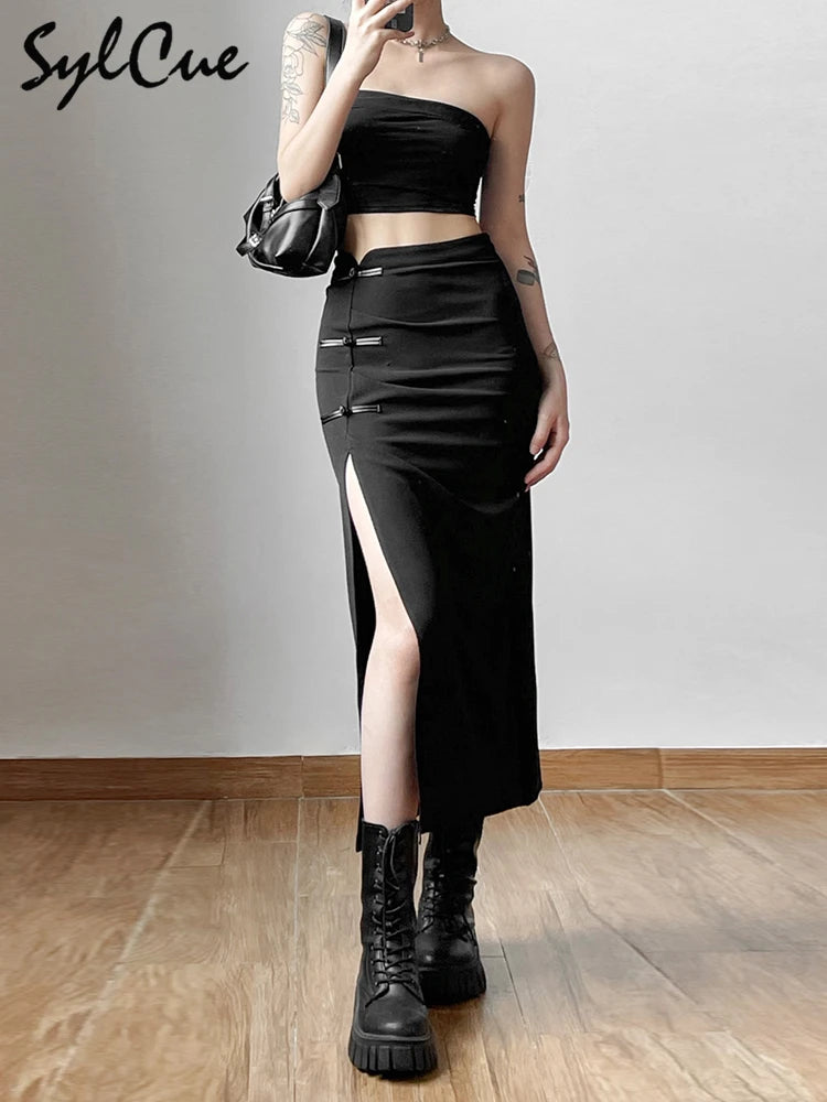 Black Sexy Split Simple Casual All-Match Hot Street Outing Cool Mature Vitality Personality Trend Basic Women'S Skirt