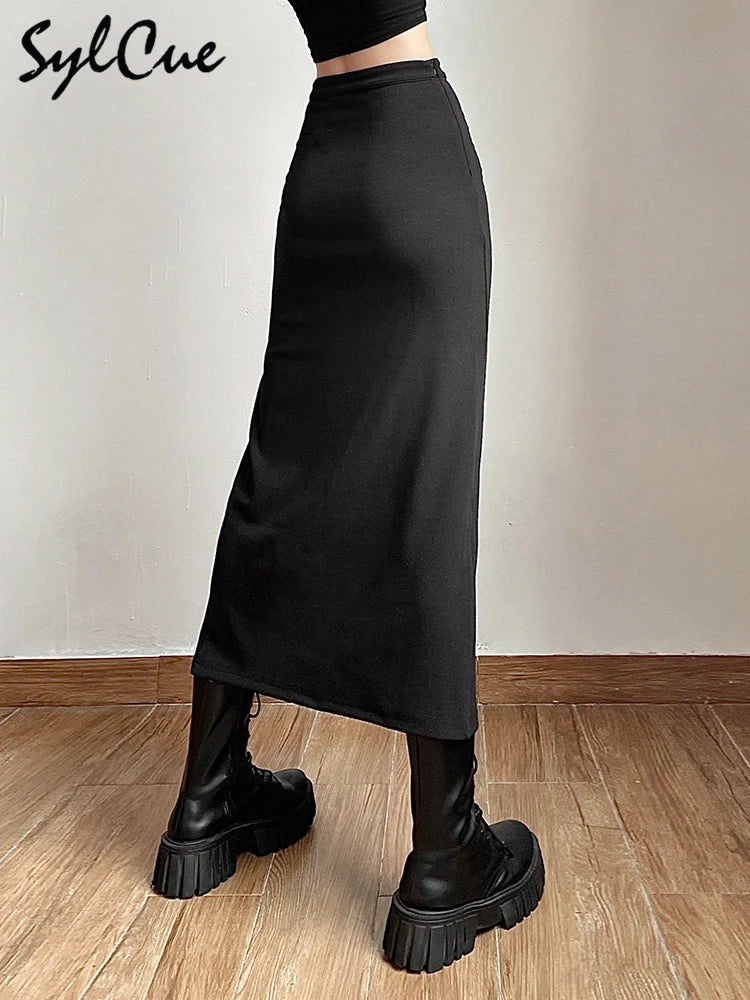 Black Sexy Split Simple Casual All-Match Hot Street Outing Cool Mature Vitality Personality Trend Basic Women'S Skirt
