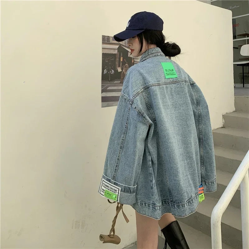 High Street Fashion Oversized Denim Jacket Women Korean Loose Long Sleeve Button Down Jean Jackets Female 2024 New