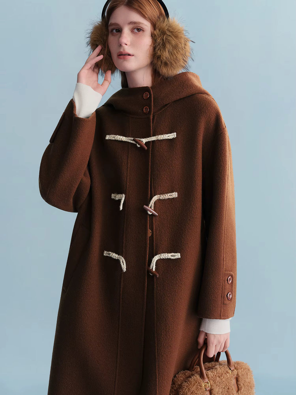 Winter 2025 Women's Horn Button Wool Blend Coat - Korean Style Double Faced Midi Length Stand Collar Casual Elegance