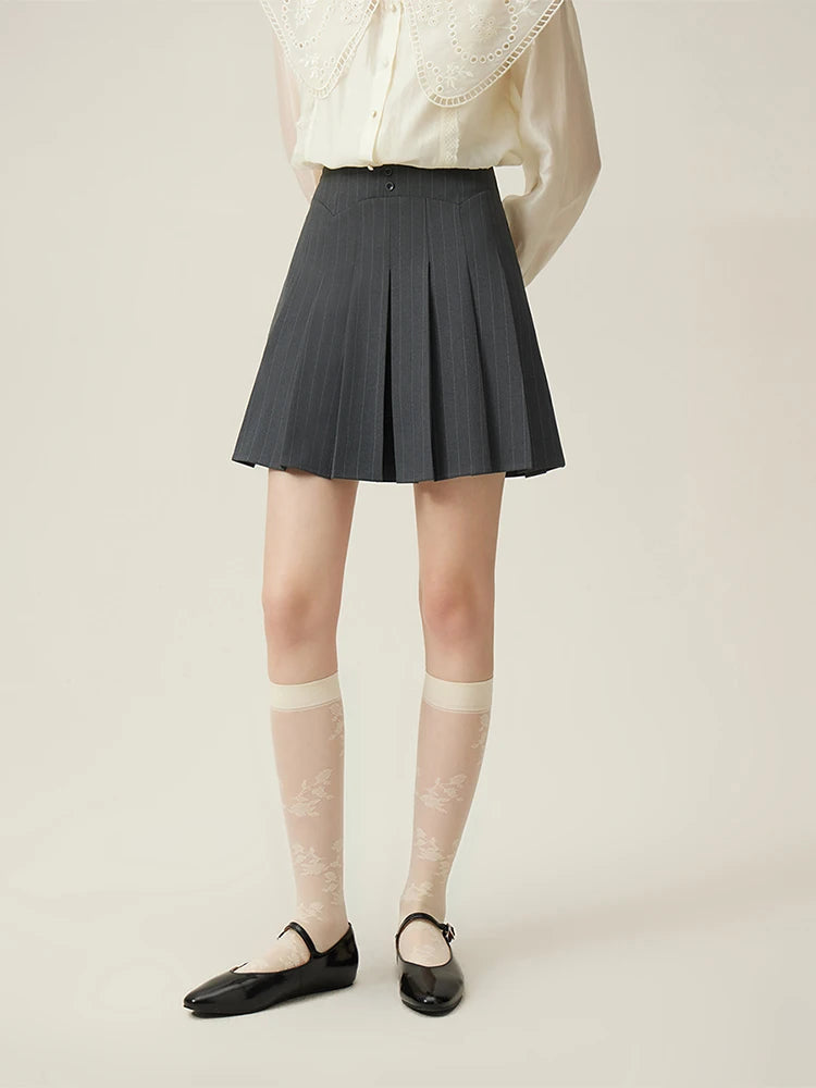 FSLE Age-reducing College Style Grey Pleated Skirt for Women Summer High-waist Design Striped A-line Skirt Female 24FS12081