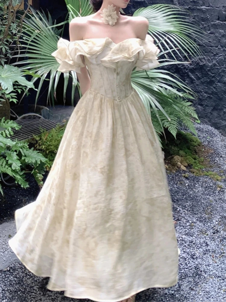 Short-Sleeve Off Shoulder Ruffle Button Maxi A-Line Corset Dress