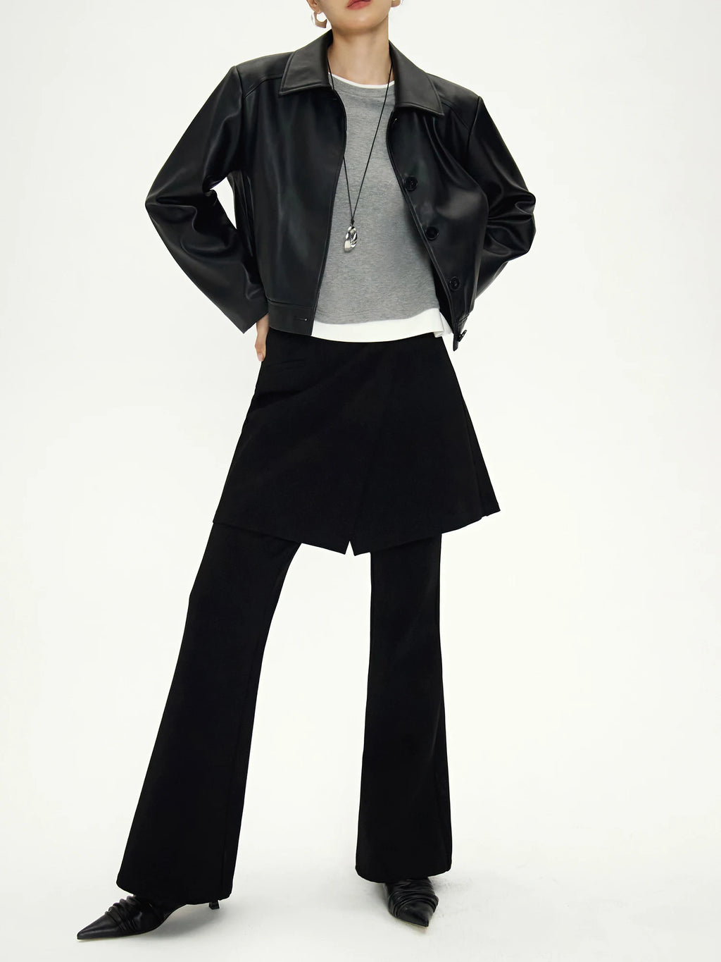DUSHU Women Fake Two Piece Trousers Black Commuter Female Full Length Flared Pants Side Zipper Design Women Pant 24DH83009