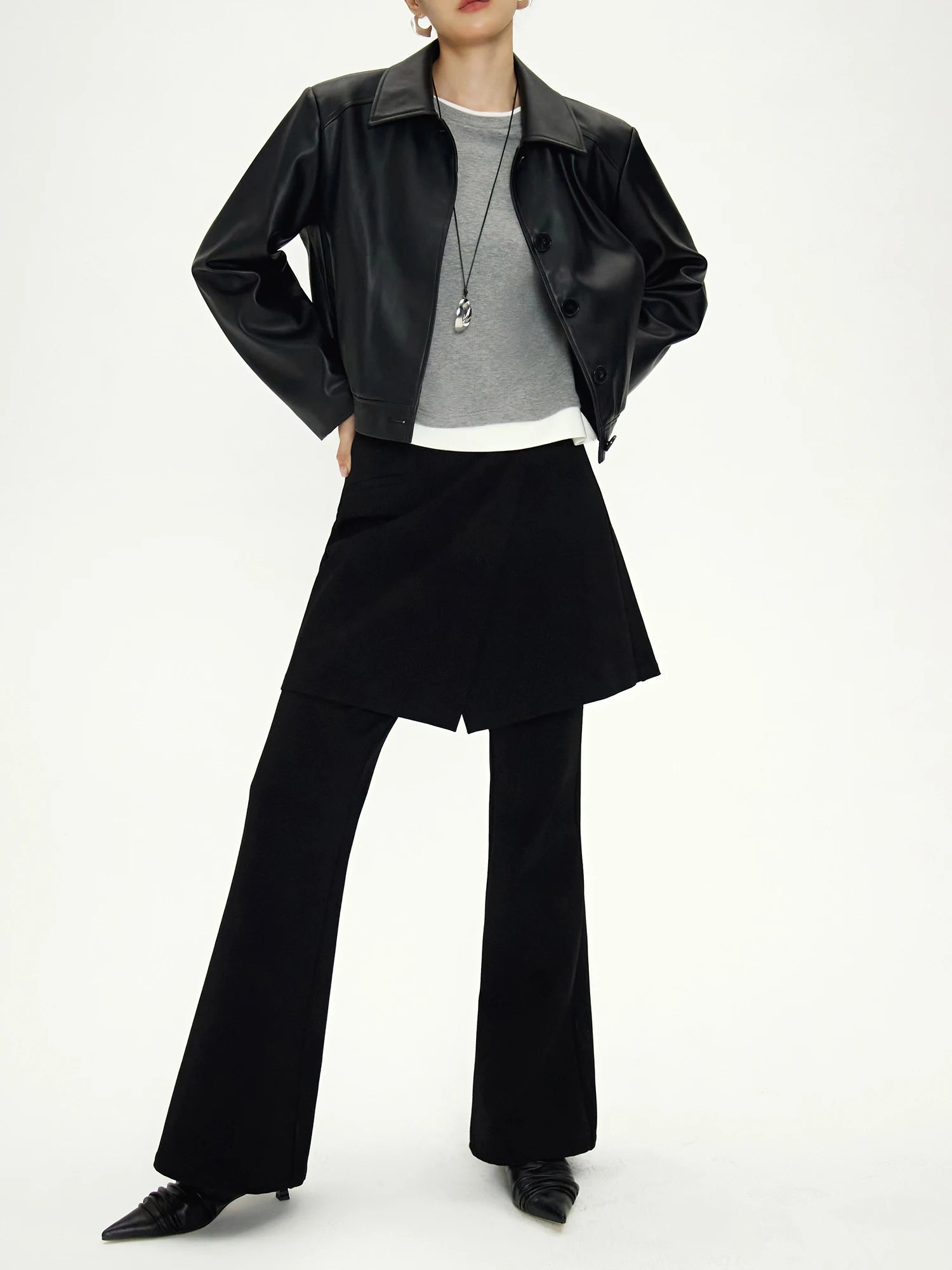 DUSHU Women Fake Two Piece Trousers Black Commuter Female Full Length Flared Pants Side Zipper Design Women Pant 24DH83009