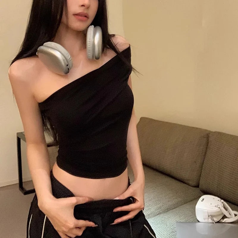 Summer Women Red Black Backless Crop Tops Lady Fashion Korean Style Slim Fit T-Shirts Girls Off Shoulder Short Sleeve Clothes