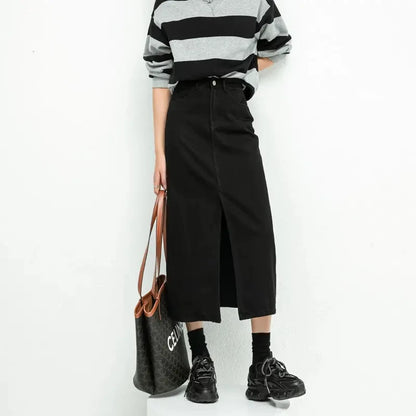 Split Denim Skirt for Women High Waisted Loose A-Line Skirt Korean Elegant Black Skirts 2024 Spring Fashion Mid Length Skirts