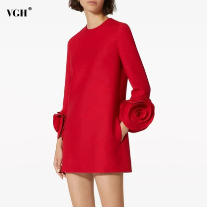 VGH Spliced Appliques Solid Casual Mini Dresses For Women Round Neck Long Sleeve High Waist Minimalist Loose Dress Female New