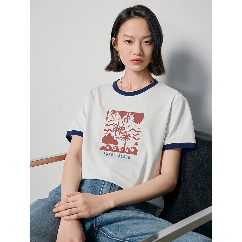 TOYOUTH Women T-shirt 2024 Summer New Antibacterial Cotton Surf Printed Contrast  Color Short Sleeve Casual Tops