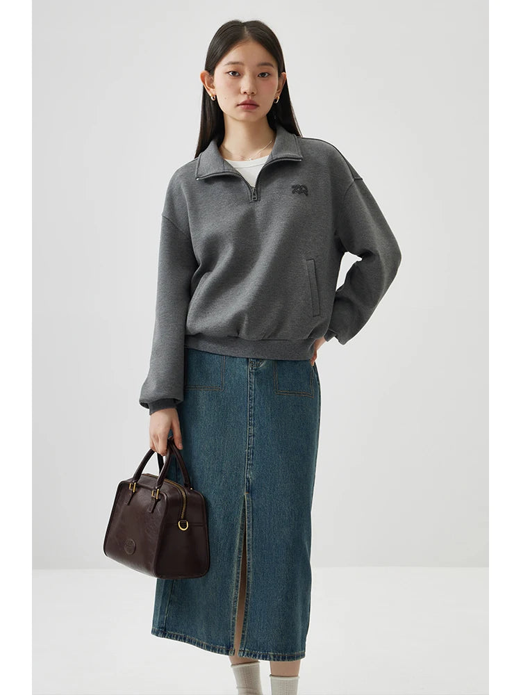 ZIQIAO Petite Cotton Casual Chic Hoodie For Women Spring 2024 New Semi Zippered Pullover Gray Women Top 24ZQ91132