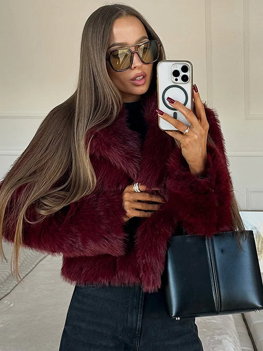 Retro Burgundy Flip Collar Long Sleeves Short Warm Coat Elegant Solid Color Loose Faux Fur Jacket New Woman High Street Coats