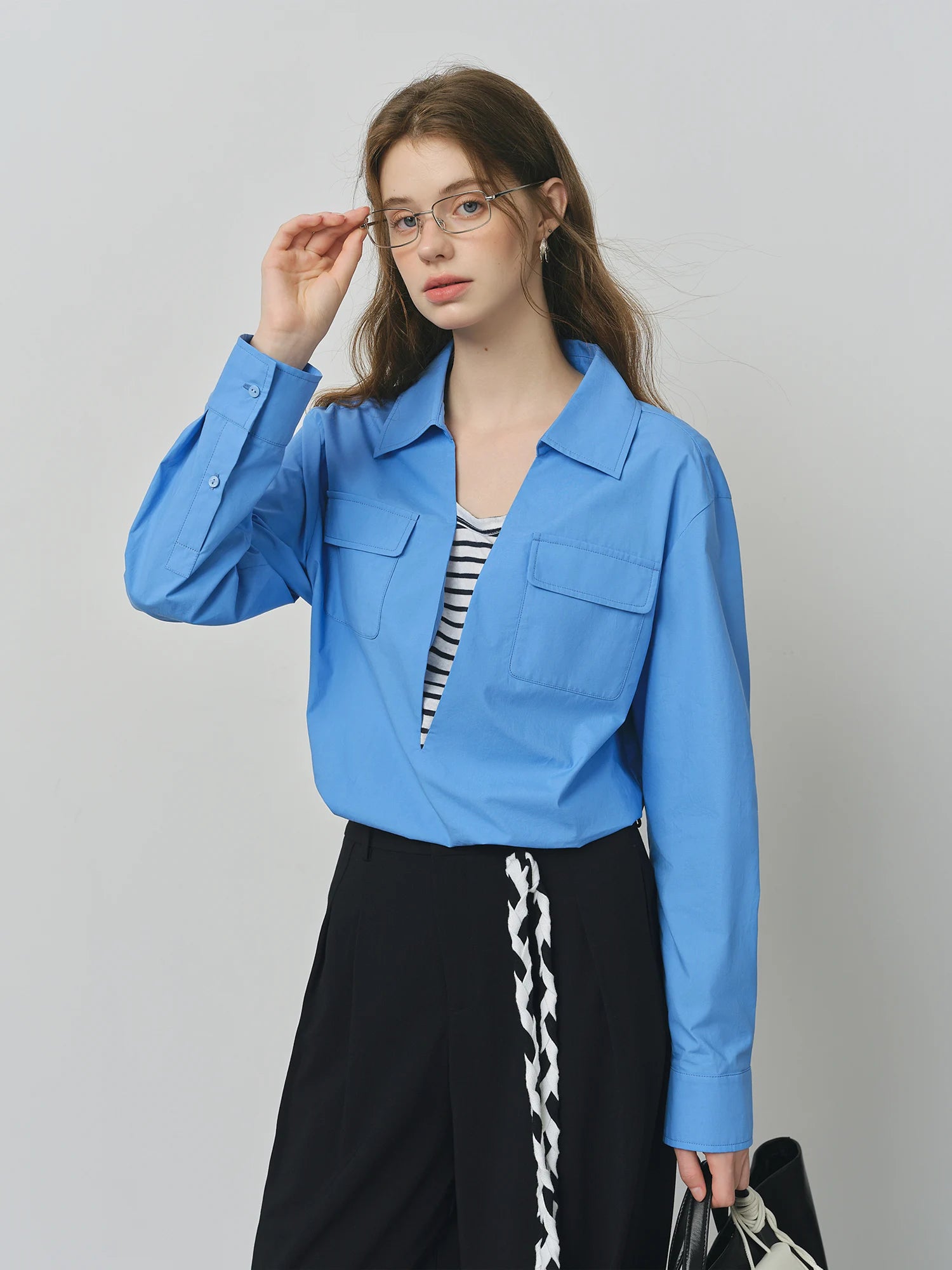 FSLE 2025 Women's Color Block False Two-Piece Shirt - Pullover Office Casual Blouse Autumn Loose Fit Top with Layered Design