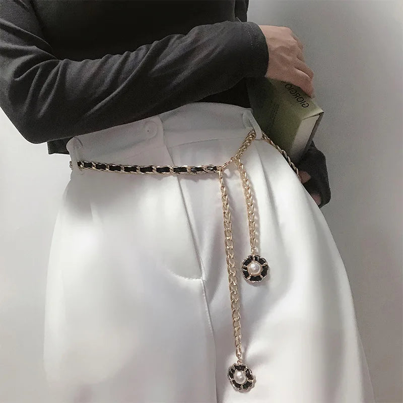 MYMC Metal Waist Leather Chain Belt for Dress Luxury Woman Girls WaistBands Decorative Dress Accessories Ladies Stretch Belts