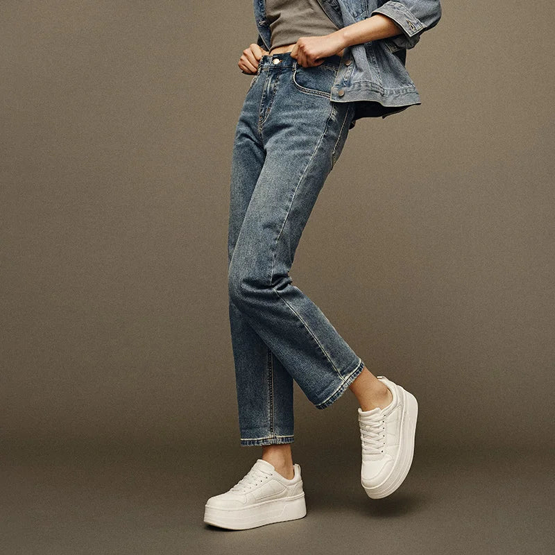 Semir Jeans Women Distressed Long Trousers 2024 New Winter Fleece Straight-Leg Trousers