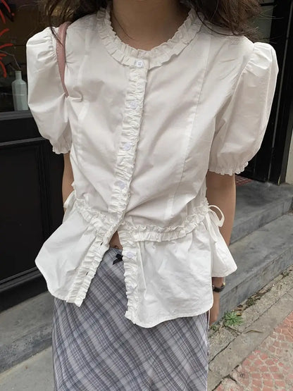 Deeptown Fairycore White Blouse Women Short Sleeve Slimming Waist Shirts Feminina Ladies Cropped Tops Korean Fashion Chic New