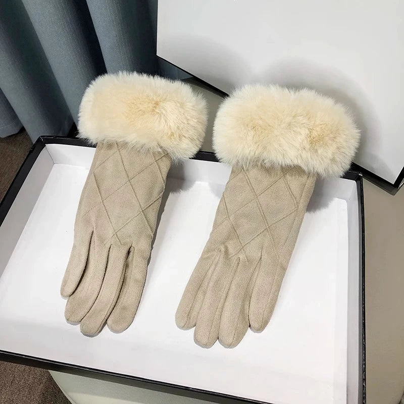 Women Winter Suede Keep Warm Touch Screen Plaid Gloves Fashion Elegant Hairy Wrist Soft Drive Thin Fleece Windproof