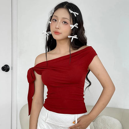 CUTENOVA 2024 Women'S Summer Ins Style New Shrink Pleated One-Shoulder Crop Top Backless Twist Tie Asymmetric T-Shirt Casual Top