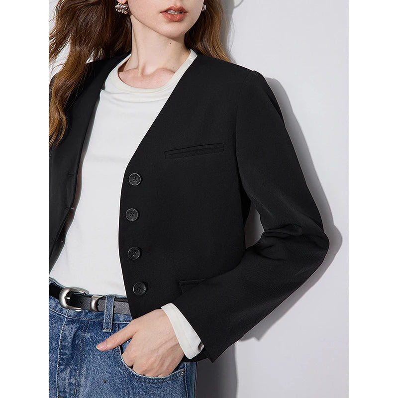 TOYOUTH Women Blazer 2024 Autumn Winter New Elegant V-neck Single Breasted Button Short Style Cardigan Jacket