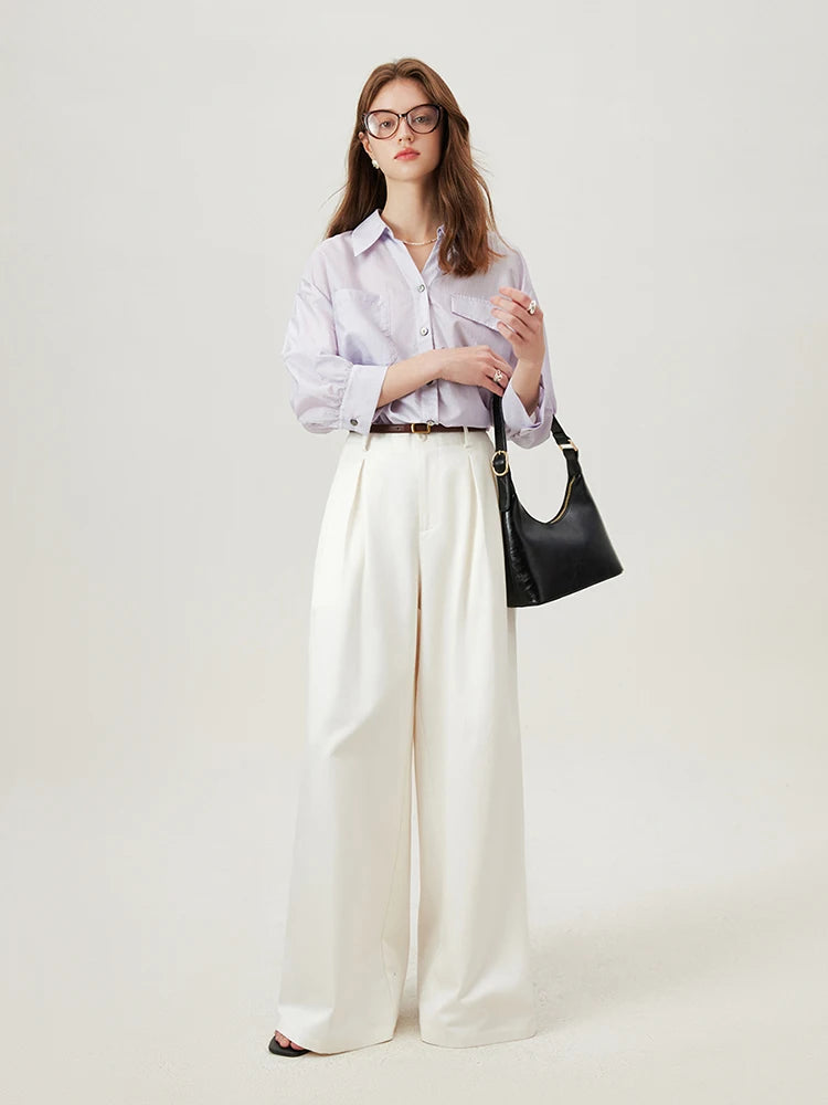 FSLE Women Full Length Summer Pants Commuter Wide Leg White Long Trousers Pleated Design Female Khaki Loose Thin Pant 24FS12900