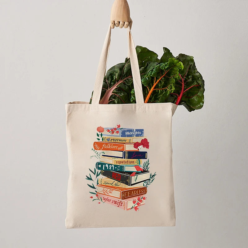 Taylor Albums Book Pattern Tote Bag Canvas Shoulder Bag for Travel Daily Commute Best Gift for Swifties Trendy Merch for TS Fans