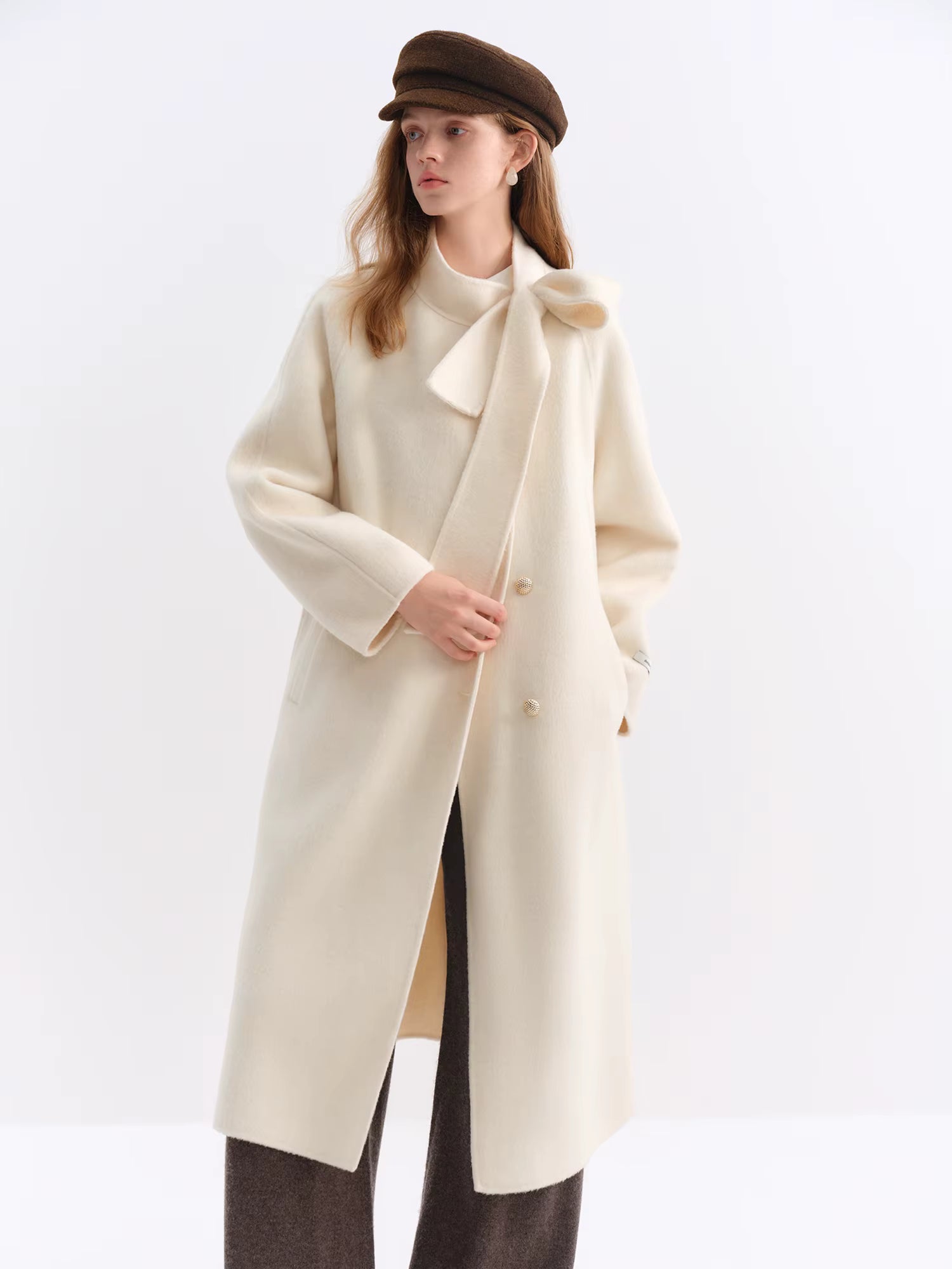 Winter 2025 Women Stand Collar Tie Detail Double Faced Wool Blend Coat - Long Length Elegant Outerwear for Casual Winter