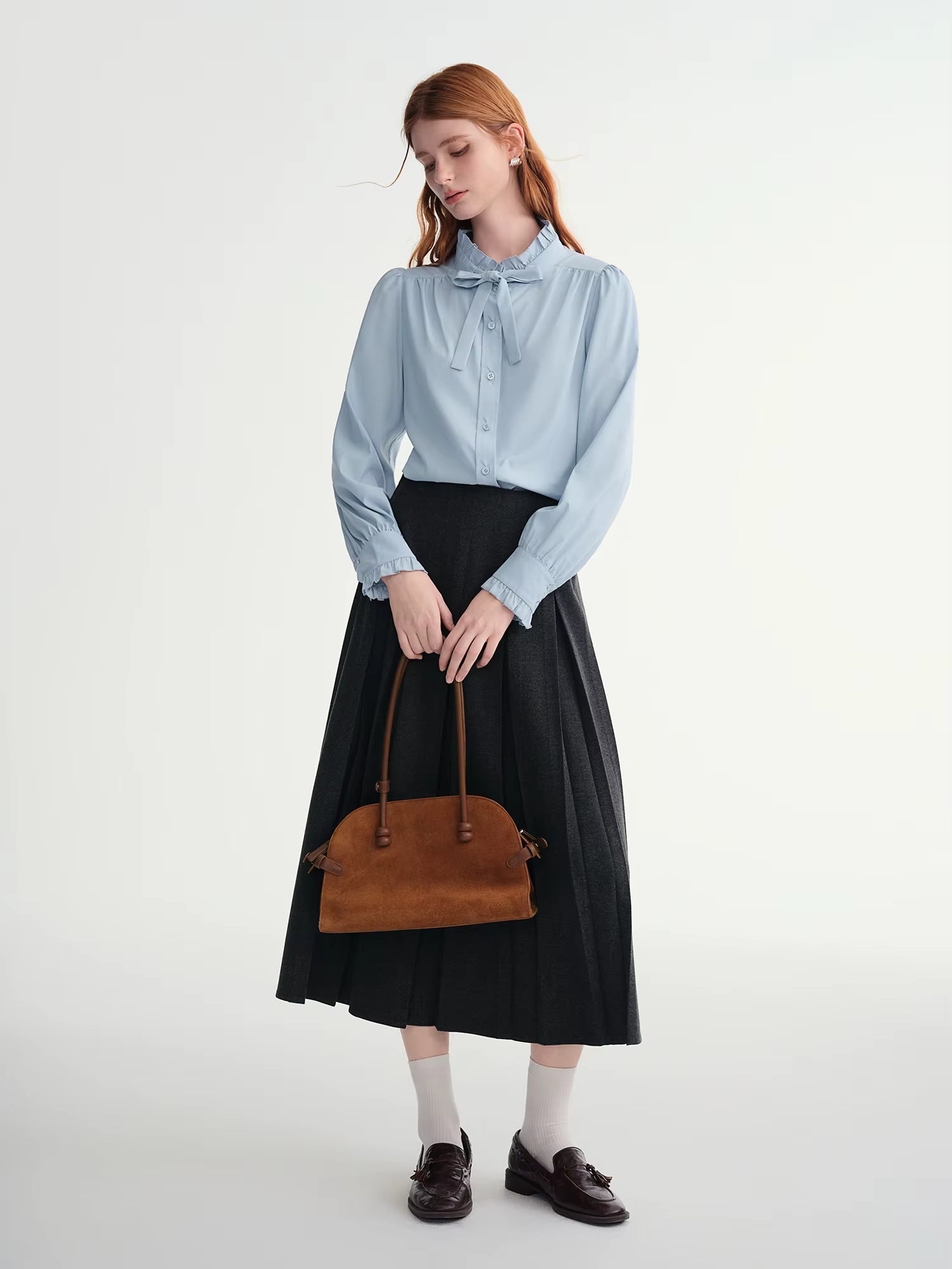 Autumn New Women's Puff Sleeve Blouse 2025 Autumn Winter New Ruffle Collar Tie-Front Shirt Elegant Casual Office Wear Tops