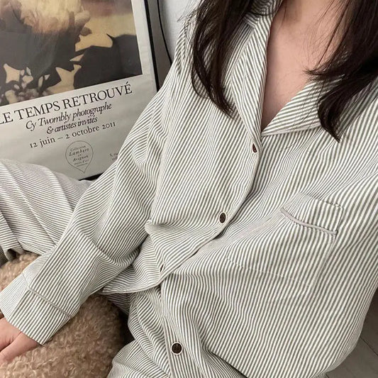 Simple Stripe Pajamas Women Homewear Suit Girl Long Sleeve Sleepwear Korean Sle Casual Trousers Home Wear Set Nightwear