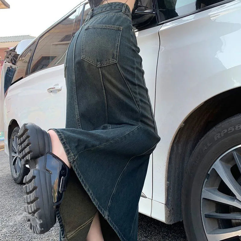 Biyaby Mermaid Denim Skirts Autumn Winter Woman Sexy Bandage Floor-Length Skirt Women Vintage Fashion High Waist Skirts Ladies