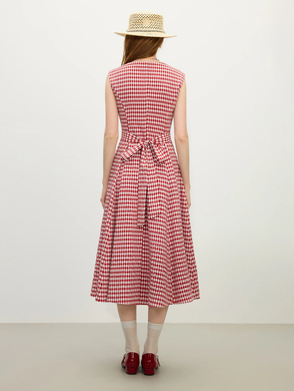 FSLE 2025 Summer New Red Plaid Dress Sleeveless Casual Style Female Summer Long Dress With Sashes High Waist Dress