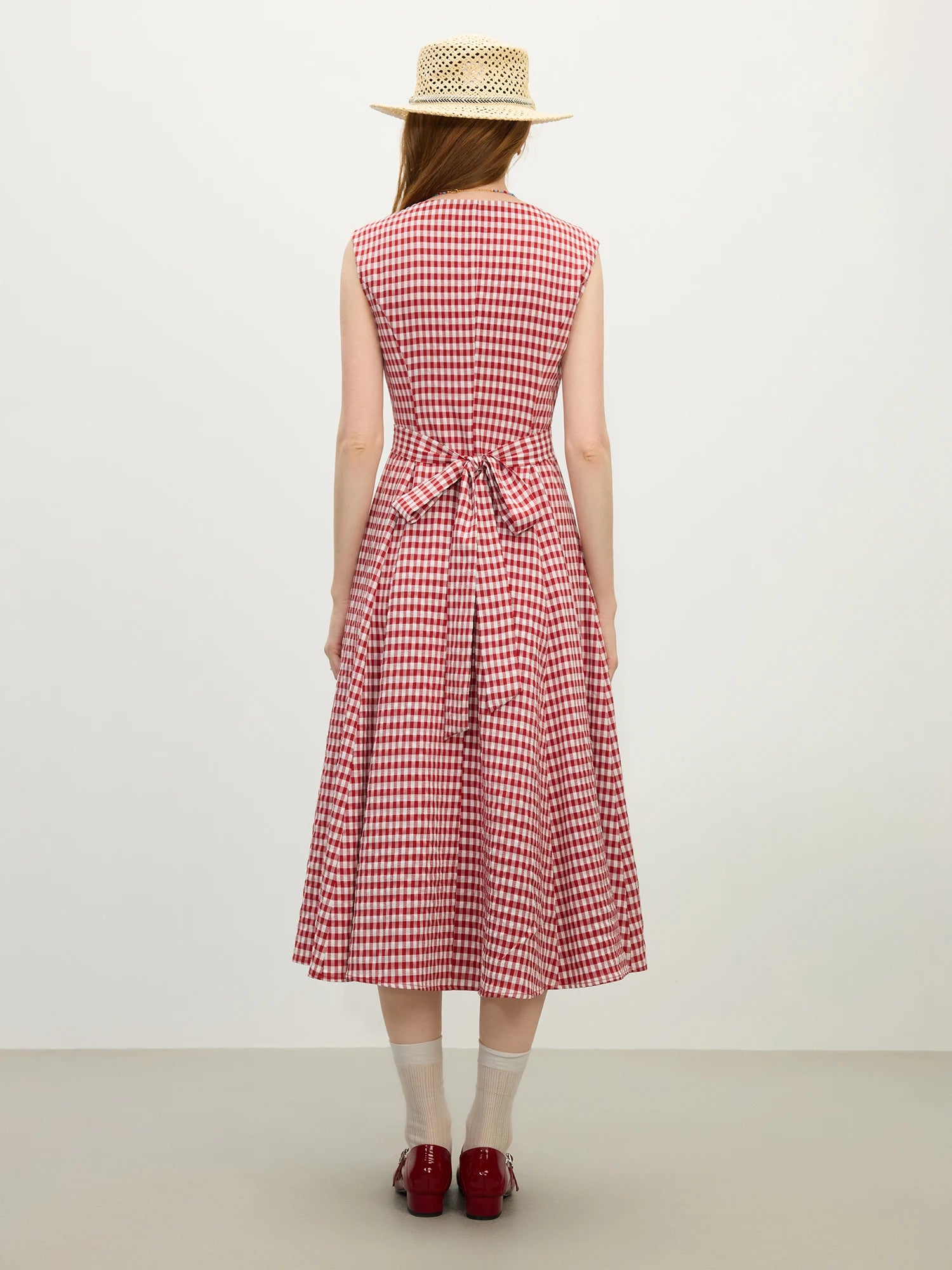 FSLE 2025 Summer New Red Plaid Dress Sleeveless Casual Style Female Summer Long Dress With Sashes High Waist Dress
