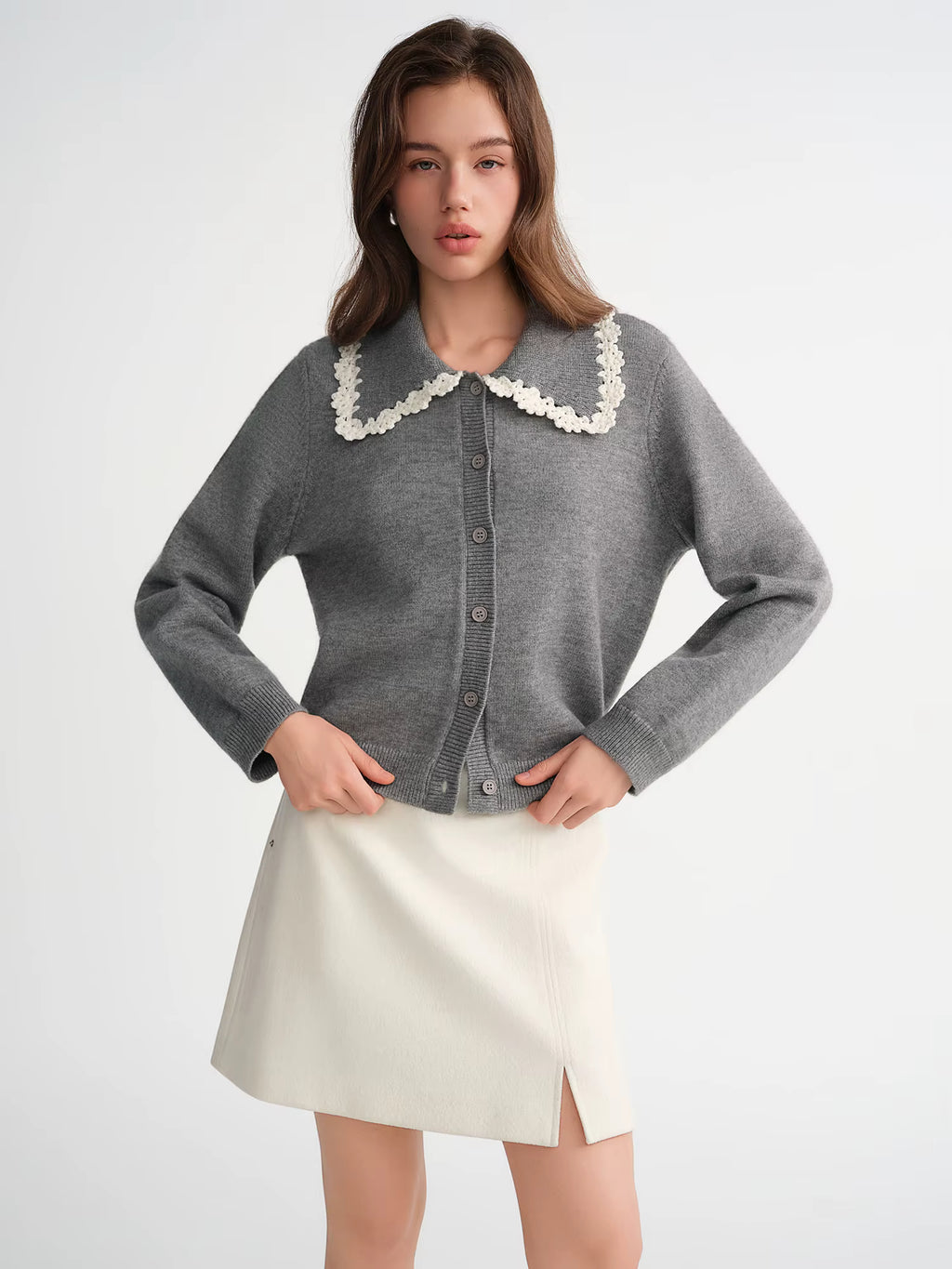 Women's Fashion Embroidery Hook Flower Knit Cardigan with Sweet Lace Edges Turned-Up Collar Flattering Sweater Cardigan