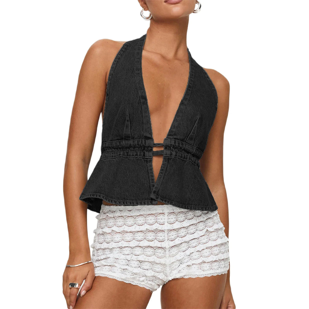 Combhasaki Women's Y2K Summer Halter Neck Crop Tops Bow Tie-up Sleeveless Deep V-Neck Backless Solid Color Denim Flare Vest