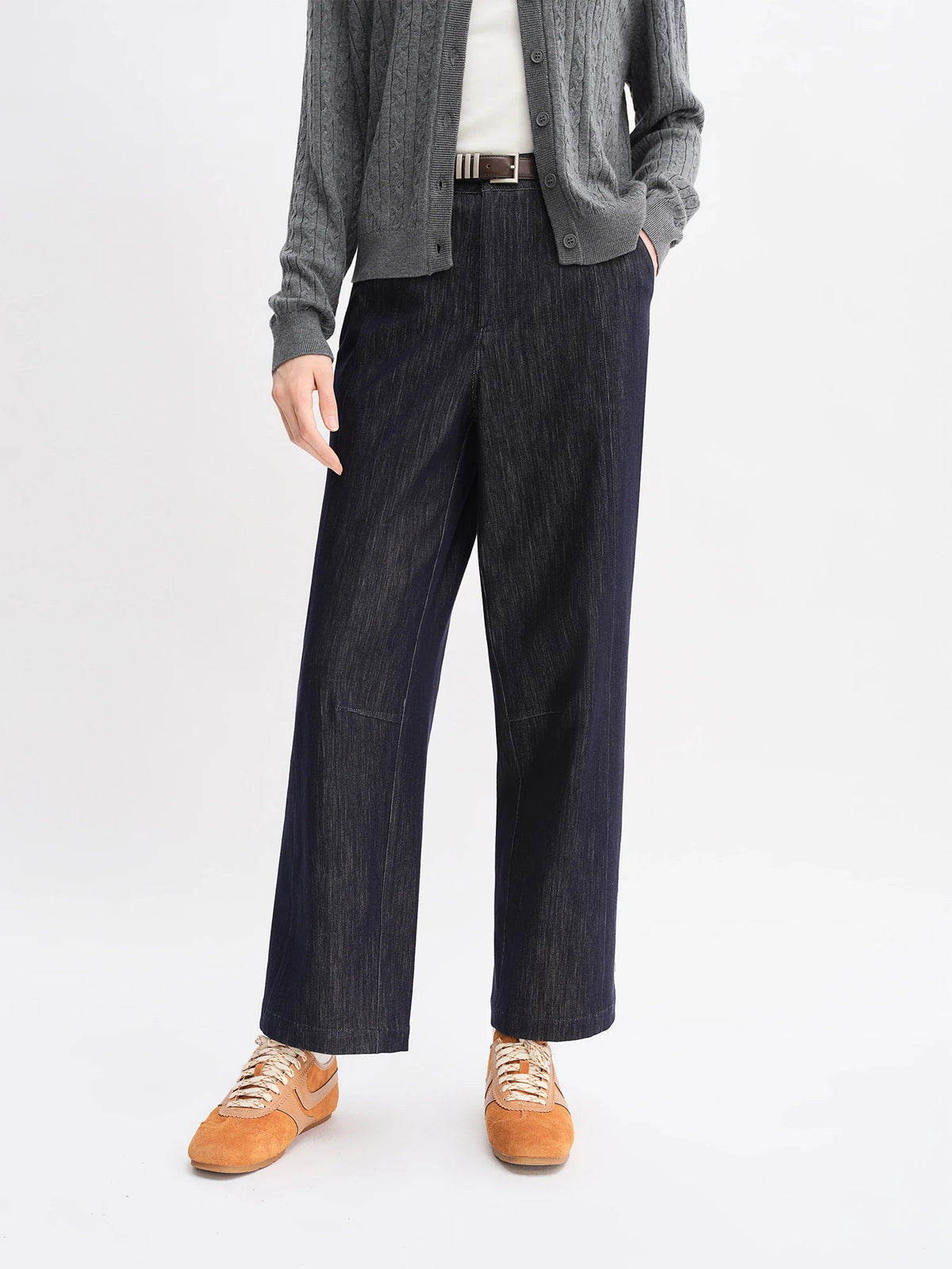 DUSHU Autumn 2025 Women's Vintage Wide Leg Jeans - Curve Flattering High Waist Stretch Denim Pants Arc Hem Casual Comfort Fit