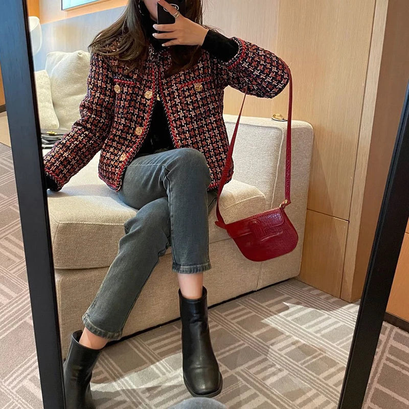 MEXZT Vintage Tweed Jacket Women Elegant Cropped Plaid Blazer Korean Fleece Suit Short Coats Winter Thick Warm Chic Outerwear