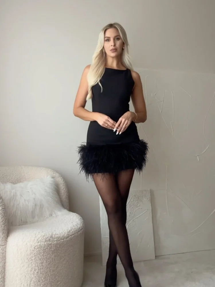 Chic Black O Neck Sleeveless Patchwork Feather Hem Mini Dress Elegant Solid Color Slim Dresses New Woman Club Party Vestidos