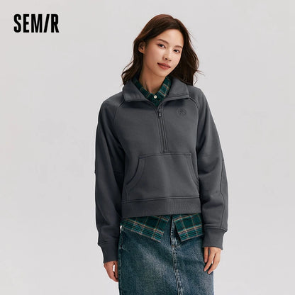 Semir Sweatshirt Women Insert Shoulder Sleeve Stand Collar Retro Simple Versatile Winter ins Trendy Fleece Pullover Sweater