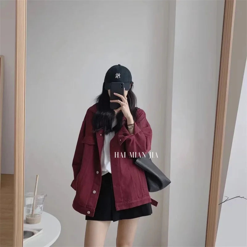 Wine red Denim Jacket Female 2022 Autumn Winter Small Korean Version Fashion Loose Simple Casual Jacket Trendy Ins Top Commute W
