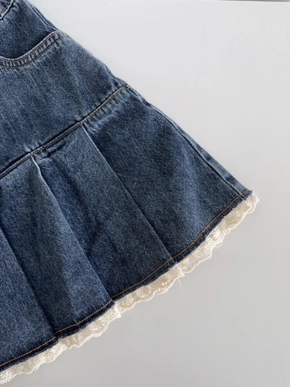 Women Blue A-line Denim Skirt Vintage Aesthetic Y2k Patchwork Lace Jean Skirt Harajuku Korean Cowboy Skirts 2000s Clothes Summer