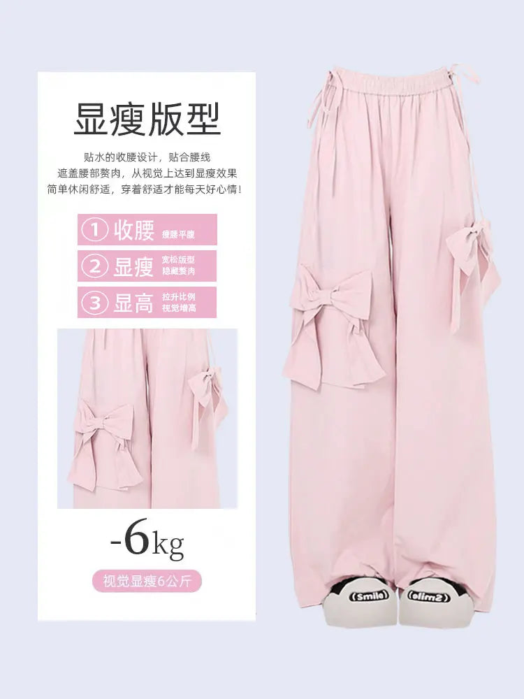 Women Oversize Y2k Cargo Pants Baggy Vintage Streetwear Harajuku Pink Bow Pants High Waist Wide Leg Trouser 2000s Trashy Clothes