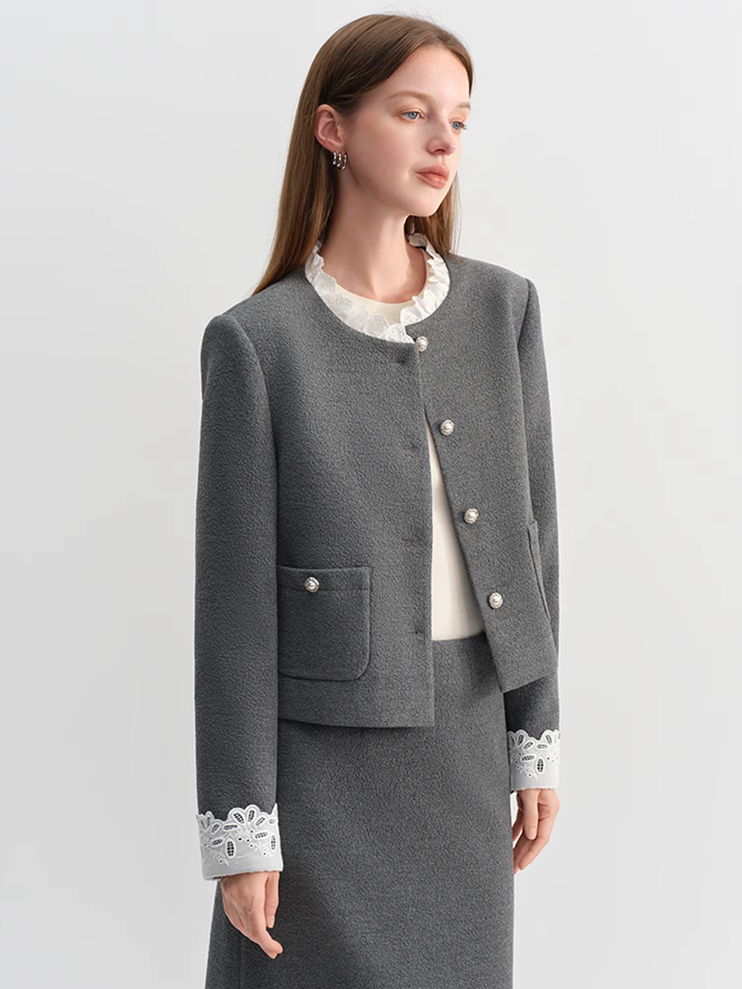 Chic Women's Fall Winter 2025 New Sweet Lace Patchwork Design-Inspired Grey Skirt SetsTwo-Piece Coat and Mini Skirt Set