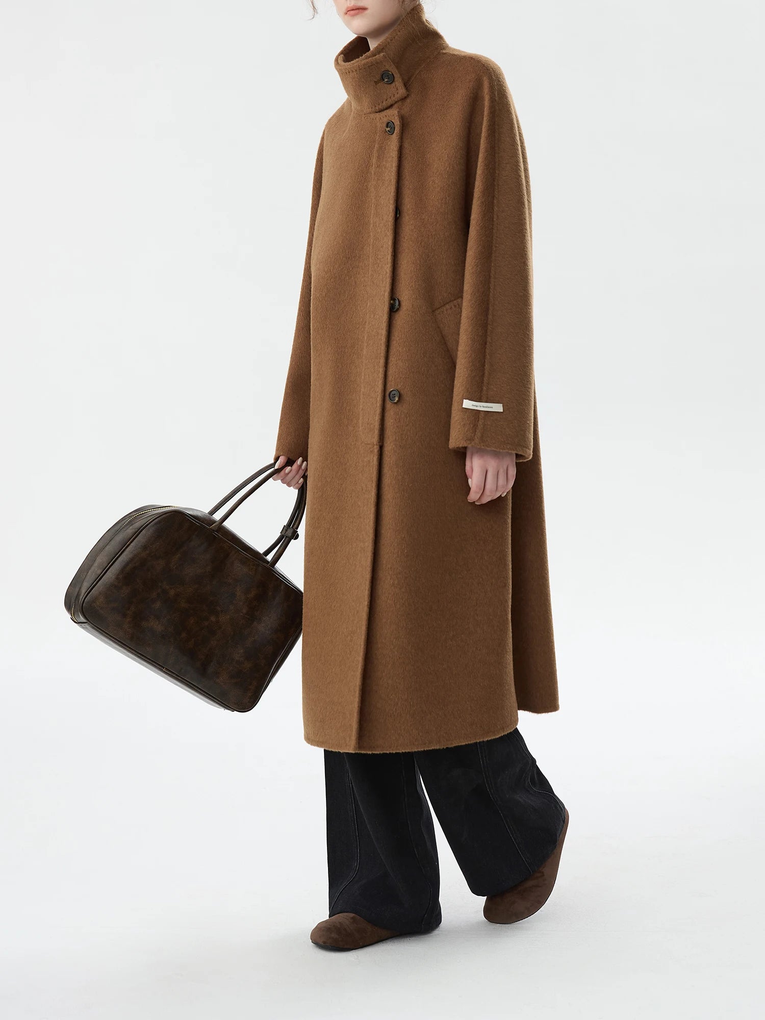 FSLE Office Lady Elegant Standing Collar Double-sided Woolen Coat for Women's Winter 2024 New Camel Fur Woolen Coat 24FS14211