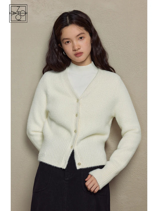 ZIQIAO Elegant Imitation Mink Velvet White Knitted Cardigan for Women 2023 Winter New Warm and Soft Glutinous Sweater Female