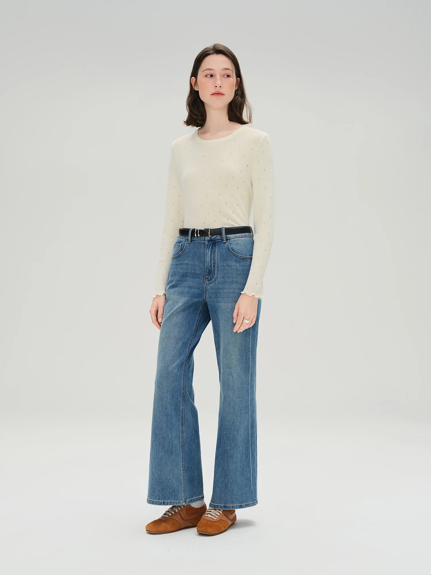 DUSHU Autumn 2025 Women's Round Neck Knit Top - Eyelet Trim Lace Edge Ribbed Texture Office Casual Blouse with Loose Fit
