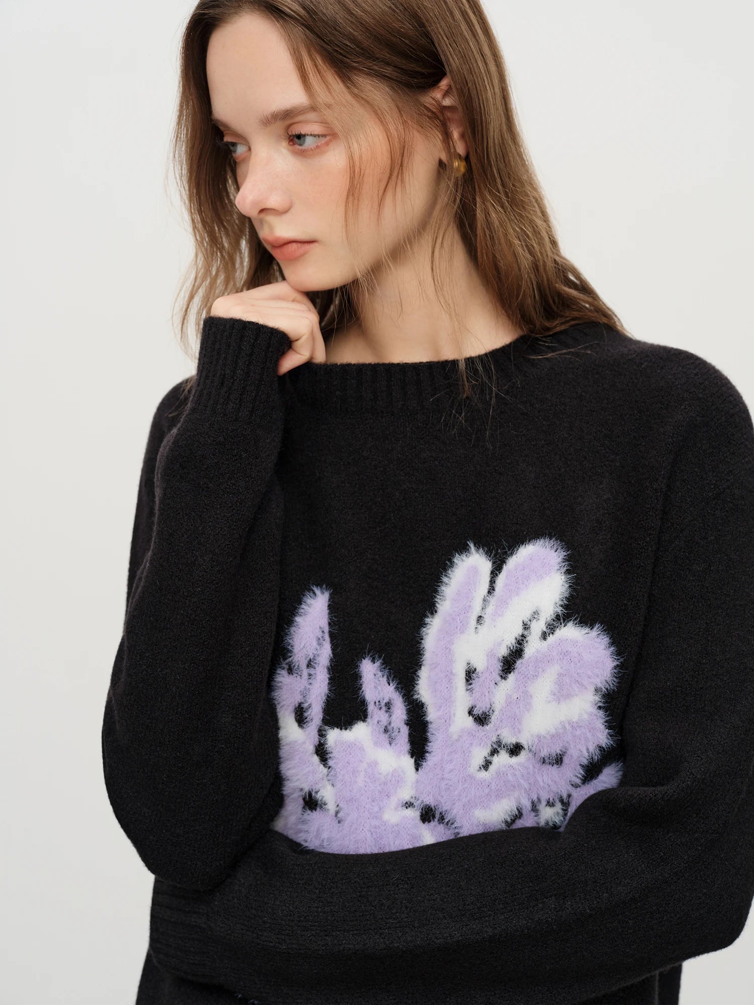 Winter 2025 Women's Floral Jacquard Knit Sweater - French Style Round Neck Pullover Warm Cozy Versatile Top