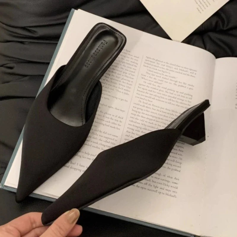 Kpop 2024 Spring Pointed Toe Women Mules Slipper Fashion Candy Color Ladies Elegant Dress Sandal Square Low Heel Slip on Slides Shoes