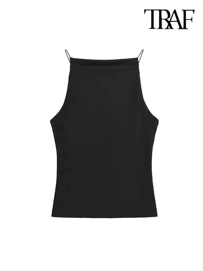 TRAF-Women's Halter Tank Tops, Sleeveless Vest, Thin Straps, Female Camis, Solid Color, Fashion