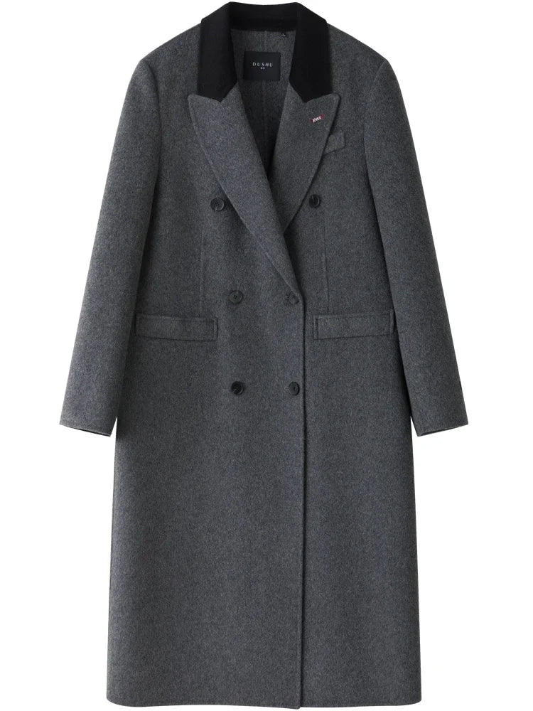 DUSHU 100% Wool Dark Grey Women Temperament Double Breasted Long Woolen Jacket Notched Collar Front Shoulder Commute Woolen Coat