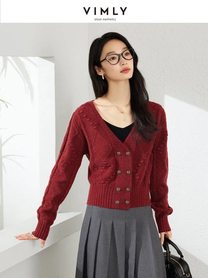 VIMLY Women's Simple Casual Knitted Sweater Autumn New Red O-Neck Long Sleeve Office Lady Small Fragrant Cardigan Tops Jacket