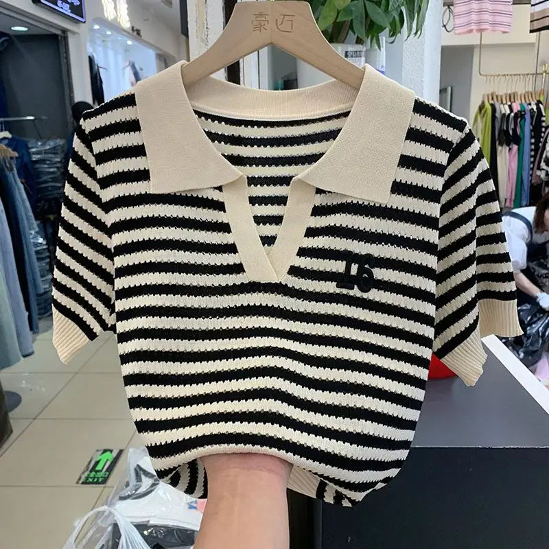 Women Short Sleeve Striped Polo Shirts Summer T-shirt Hollow Out Contrast Colors Patchwork Korean Fashion Casual Versatile Tops