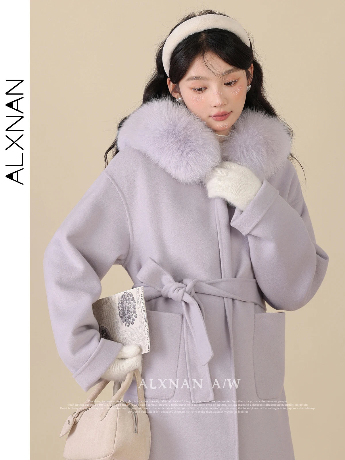 ALXNAN Light Purple Wool Coat Women 2024 Autumn Winter Warm Solid Sweet Straight Single Breasted Long Sleeve Overcoat LXN323112